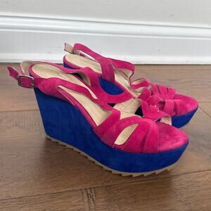 Fratelli Perri Colorblock Suede Strappy Wedge Heel Sandals Pink Blue Womens US 8